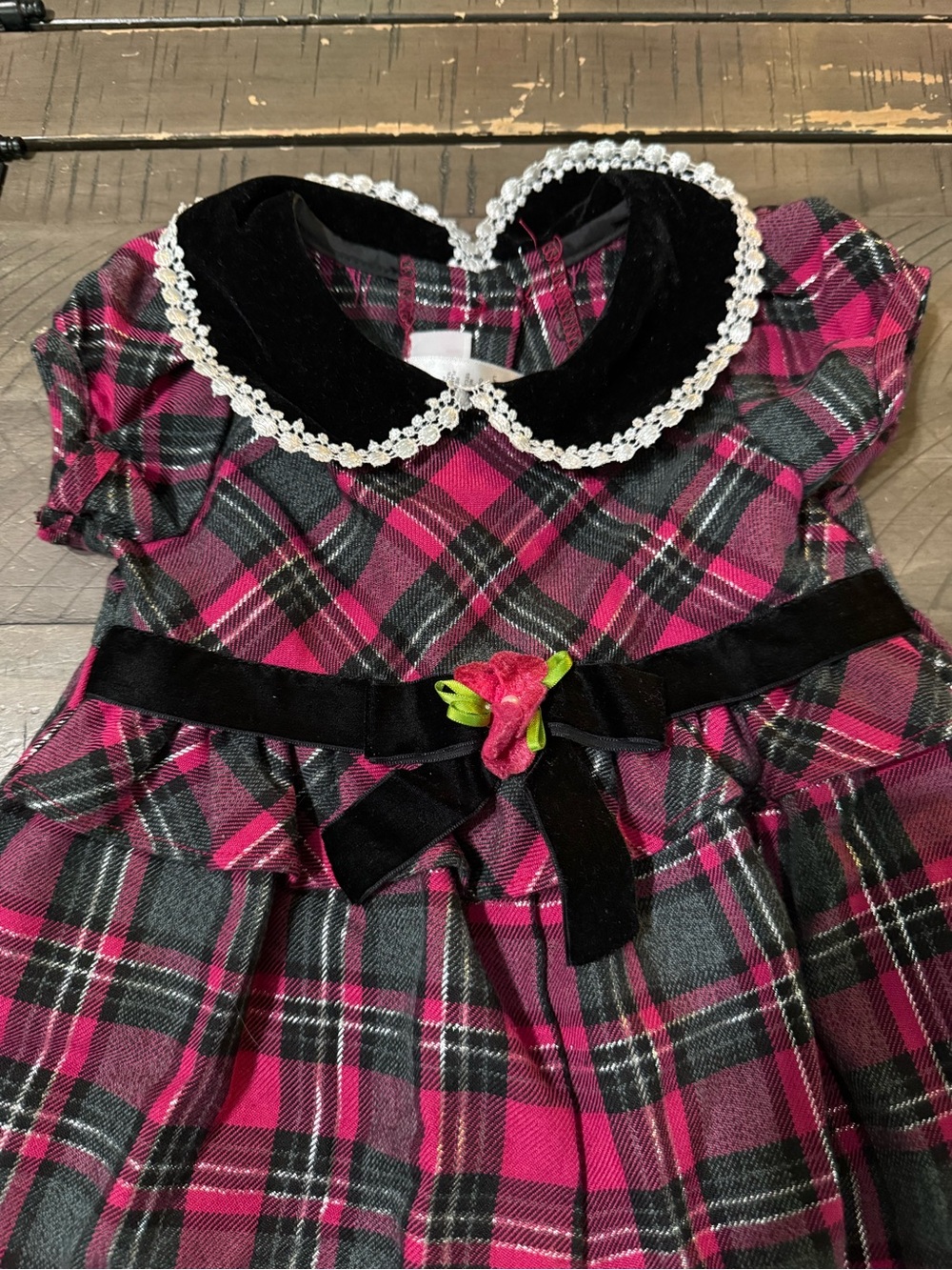 Bonnie Baby Pink and Black Plaid Velvet Collar One-Piece